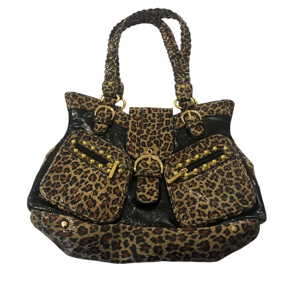 Chic Leopard Animal Print Shoulder Bag with Black Accents Gold Hardware